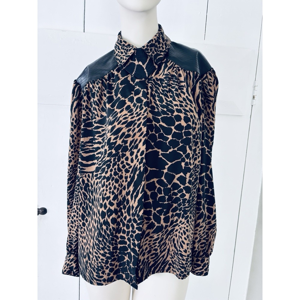 Vintage 80s Animal Print Women's Size 7/8 Blouse Top Shirt - Faux Leather Retro